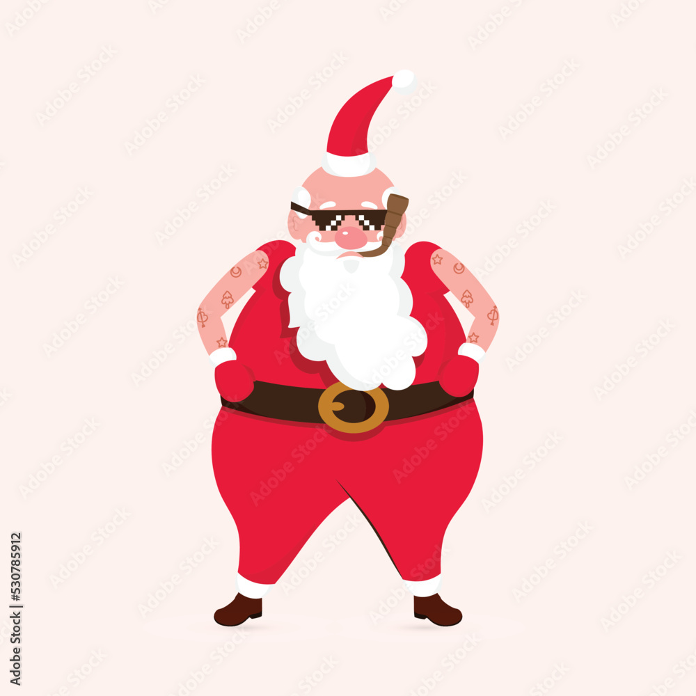 Poster Cool Santa Clause wearing Black Goggles, Smoking Cigar and Have Tattoos on the Arms.