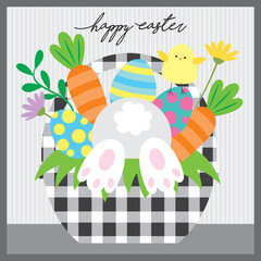 easter greeting card with rabbit, carrots and eggs in the basket