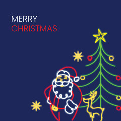 Merry Christmas Celebration Concept With Neon Lights Style Santa Claus, Stars, Reindeer And Xmas Tree On Blue Background.