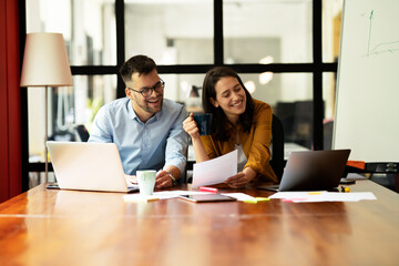 Colleagues in office. Businesswoman and businessman working on the project.