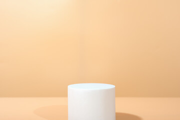 Minimal modern product display on neutral beige background. round white geometric podium. Concept scene stage showcase for new product, promotion sale, presentation. premium mock up.