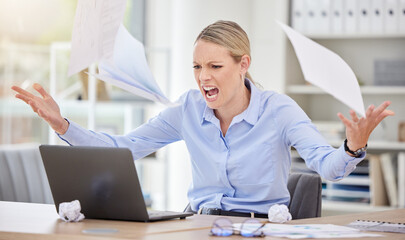 Angry business woman throwing paperwork documents in stress, frustrated and 404 laptop glitch in...