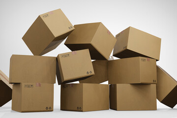 Stacks of falling carton boxes. 3D illustration of the concept of messy and untidy warehouse management