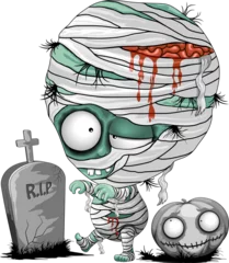 Tableaux ronds sur aluminium Dessiner Zombie momie bébé monstre Halloween personnage avec pierre tombale et citrouille Clipart isolé sur fond transparent