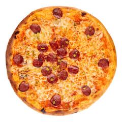 Baked pizza with spicy sausages