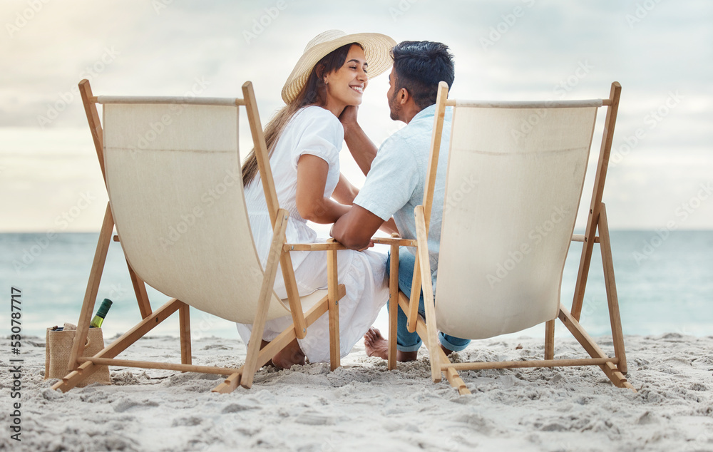 Poster Love, travel and happy beach couple with happiness together in nature by the sea. Young holiday girlfriend and boyfriend romance by the ocean relax on a vacation by the water and sand in summer