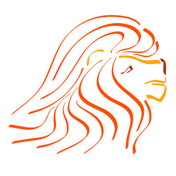 Lion Head With Stylish Mane Hairstyle, Red Outline On A White Background