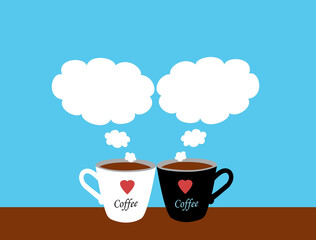 Two differrent color cup of hot coffee with text coffee and red heart shape out side with white  steam on blue background , Differrent concept,  coffee time concept.