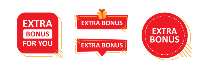 Extra Bonus Label for promo design. Extra bonus label, sticker or tag with gift box icon. Sale and promotion design element with free prize.