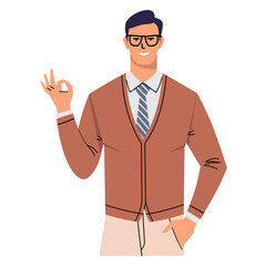 A man in glasses and a tie shows Okay, ok. Business man, manager, office worker, leader, boss isolated on white background. The character smiles and gestures. Flat style. Vector.