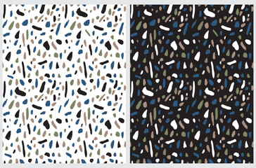 Terracotta Seamless Vector Patterns. Abstract Irregular Geometric Print with Brush Spots isolated on a White and Black Background. Repeatable  Design with Brown, Blue, White and Black Spots.
