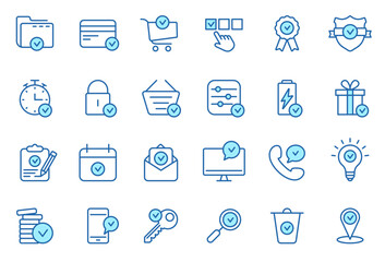 Set of Approve Line Icons. Check Marks, Ticks Linear Pictogram. Contains such Icons as Check List, Test, Award, Quality Control. Thin Line Design. Editable stroke. Isolated Vector illustration