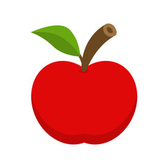 Red whole apple with branch and green leaf.