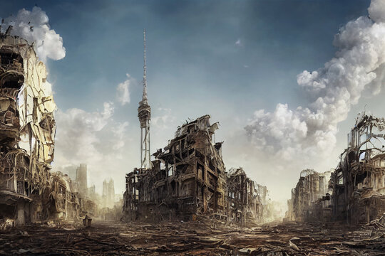 City in ruins after nuclear war, digital illustration