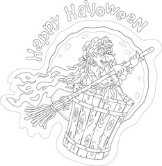Old angry Halloween witch flying with her old magic broom and mortar in a dark night sky, black and white outline vector cartoon greeting card