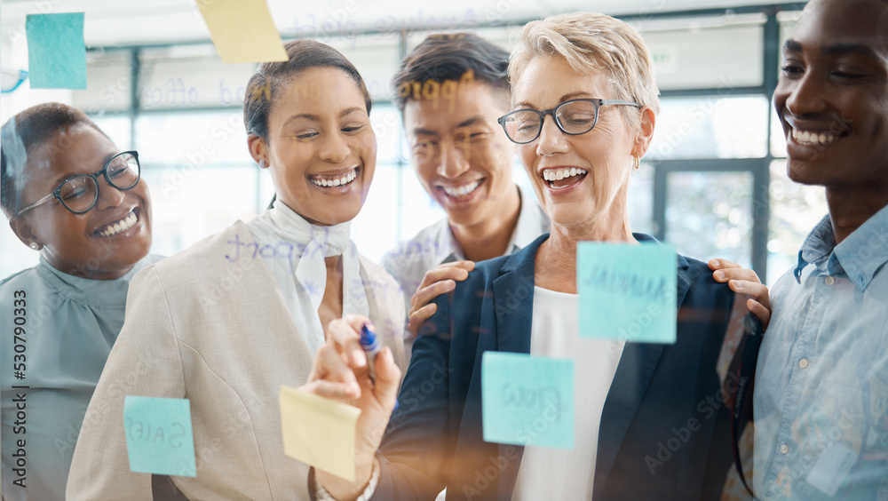 Poster teamwork, planning and strategy with a business woman, manager or ceo working with a team on a glass