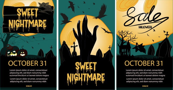 Happy Halloween banner or party invitation background with night clouds and pumpkins. Full moon in the sky, spiders web and flying bats. Place for text