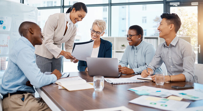 Diversity, business people and collaboration meeting at the office in document planning, analysis and teamwork strategy. Group of happy employee workers in a team discussion, project and paperwork
