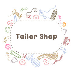 Tailor shop vintage logo emblem in lettering style withmeasure tape, sewing reel, needles and pins. Sewing atelier icon. Clothing repair industry label. Vector illustration design. Vintage craft sign