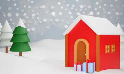 3D Render of Red Arch House, Gift Boxes, Xmas Trees, and Snow for Winter Holidays and Merry Christmas Celebrations.