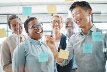 Planning meeting, sticky note idea and business people working on global marketing strategy, teamwork for innovation and collaboration for future goal. Happy employees writing startup vision on glass