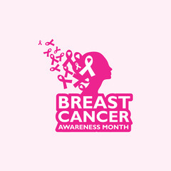 October Breast Cancer Awareness Month Banner with Ribbon and women Silhouette