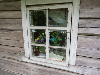 Antique wooden window with flowers on the windowsill in an old traditional wooden house