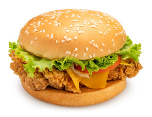 Chicken Hamburger with cheese, tomato, onion, lettuce and ketchup mustard isolated on white background, Hamburger on white With work path.