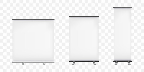 A set of roll up banner. 3d template for your design. For promotional presentation. Realistic vector illustration isolated on transparent background.