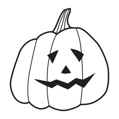 Funny cute pumpkin with smile. Halloween carved pumpkin. Doodle sketch simple drawing. Coloring book for children. Design element for Halloween celebration. Vector illustration isolated on white