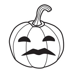 Halloween pumpkin in simple doodle style. Outline drawing with black contour lines. Carved pumpkin lantern. Sad expression, evil scary creature. Pumpkin symbol of celebration of autumn holiday