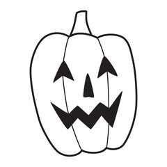 Halloween pumpkin with crooked smile, triangle nose, eyes. Simple doodle sketch drawing. Carved pumpkin lamp. Vector illustration isolated on white background. Funny print, traditional seasonal symbol