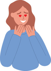Enamored person falling in love, with heart shaped eyes. Charmed face admiring, feeling sentiment emotions, looking with adoration, loving look. Flat vector illustration isolated