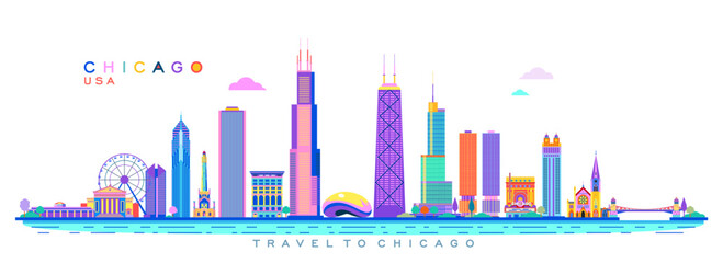 Obraz premium Chicago architectural landmarks colorful vector abstract illustration, America.