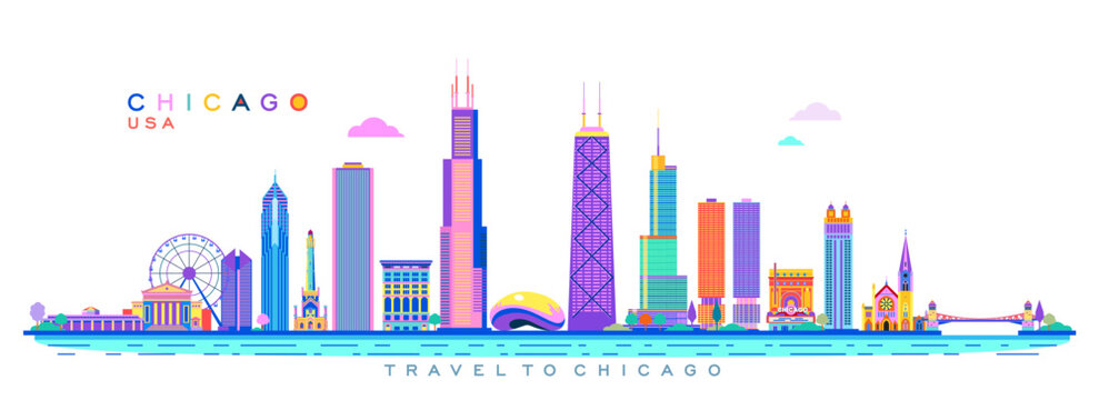 Chicago architectural landmarks colorful vector abstract illustration, America.