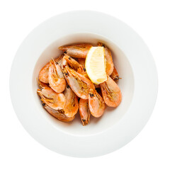 Bowl of shrimps appetizer with lemon