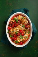 chicken legs backed with feta cheese tomatoes and pine nuts, healthy meal
