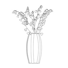 Outline of lilies of the valley in a vase from black lines isolated on white background. Flowers in a vase. Front view. 3D. Vector illustration.