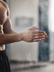 Strong man, powder hands and dust for exercise challenge, gym club workout and fitness training. Zoom of healthy bodybuilder, clapping chalk grip and sports athlete motivation for performance power