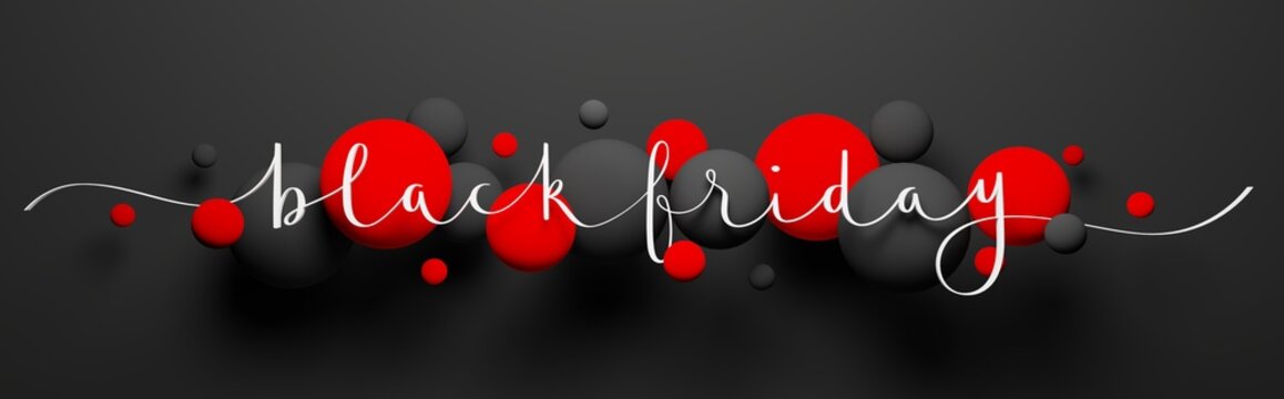 3D render of BLACK FRIDAY white brush calligraphy banner with red and black balloons on black background