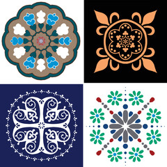 A set of colored mandalas. Decorative round ornaments. Wicker design elements. Logos for yoga, backgrounds for posters, icons for programs and websites. The unusual shape of the flower.