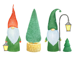 Watercolor illustration of New Year's gnomes in hats
isolated on white background. 
Christmas gnome in 
Scandinavian style.
Decorative design element.