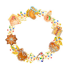 Fototapeta premium Watercolor christmas illustration with gingerbread on a white background. Christmas wreath, frame. Decorative design element for postcards, invitations.