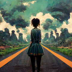 anime girl walking a long street, nowhere finding neverland