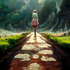 young anime girl is walking a long path to nowhere, finding neverland - obrazy, fototapety, plakaty