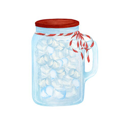 Jar of marshmallows. Watercolor illustration. An isolated object from a large set of Hot cocoa bar. For the design and decoration of postcards, posters, compositions.