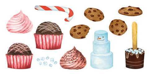 Christmas sweets, cookies, marshmallows, chocolate bombs isolated on white background. For the design and decoration of postcards, posters, compositions.