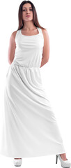Mockup of a white long dress on a girl in heels, png, isolated, front view.