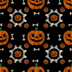 Patrón de halloween con calabazas y huesos sobre fondo negro.