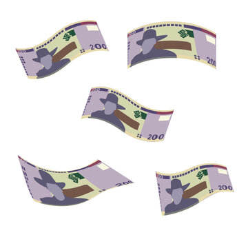 Namibian Dollar Vector Illustration. Namibia money set bundle banknotes. Falling, flying money 200 NAD. Flat style. Isolated on white background. Simple minimal design.